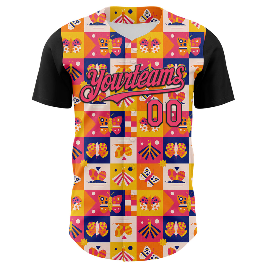 Custom Yellow Neon Pink-Black 3D Ambartive Abstract Butterfly Pattern Authentic Baseball Jersey