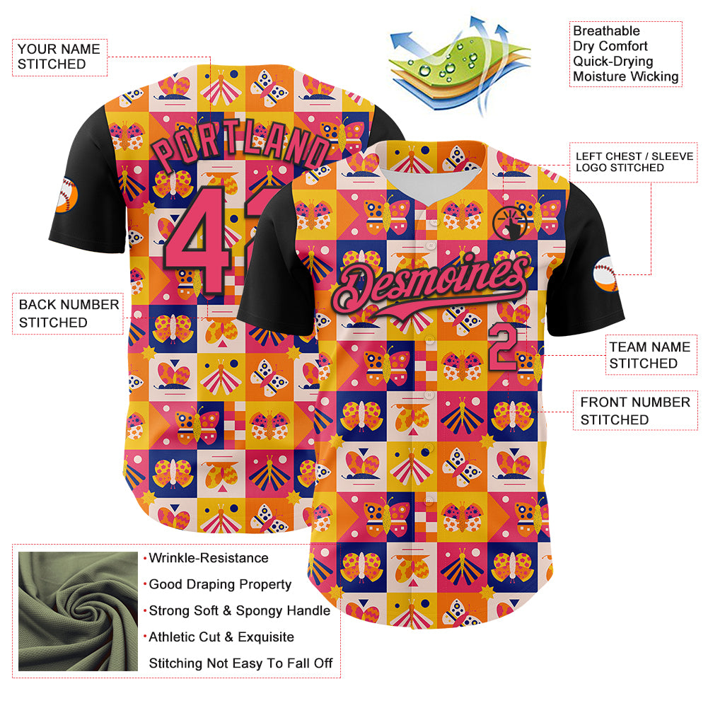 Custom Yellow Neon Pink-Black 3D Ambartive Abstract Butterfly Pattern Authentic Baseball Jersey