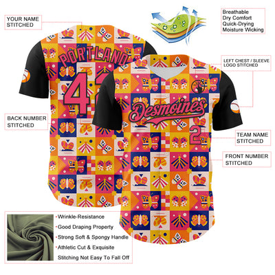 Custom Yellow Neon Pink-Black 3D Ambartive Abstract Butterfly Pattern Authentic Baseball Jersey