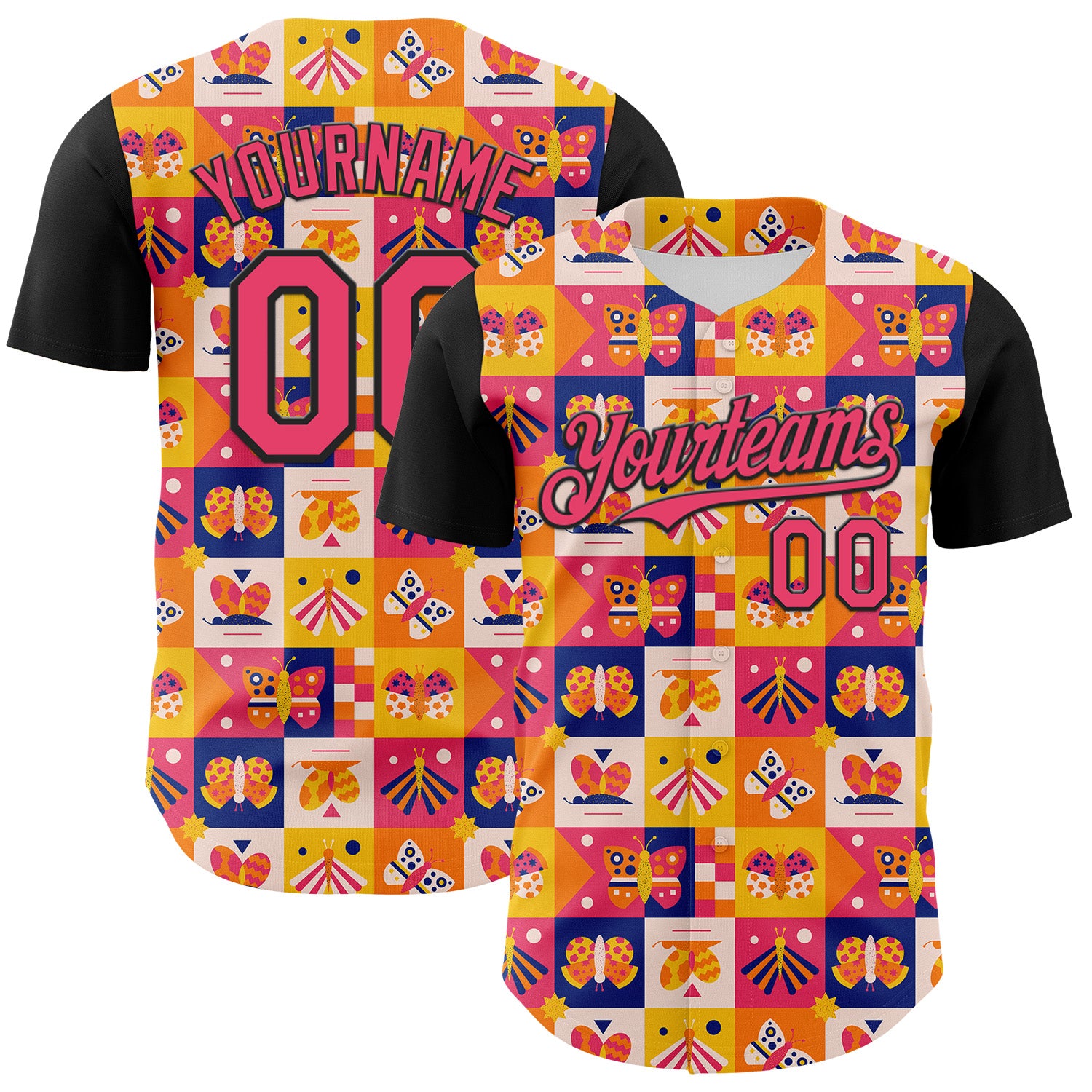 Custom Yellow Neon Pink-Black 3D Ambartive Abstract Butterfly Pattern Authentic Baseball Jersey