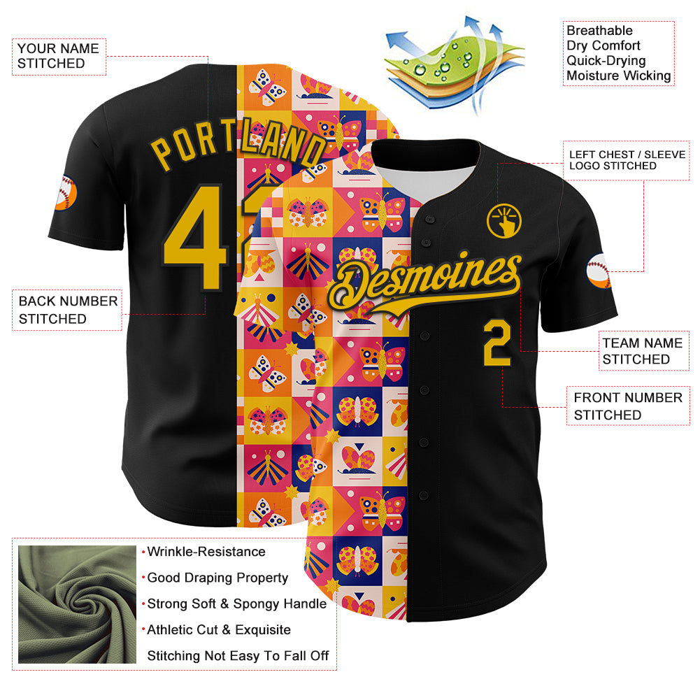 Custom Black Yellow 3D Ambartive Abstract Butterfly Pattern Authentic Baseball Jersey
