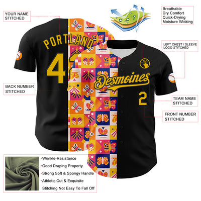 Custom Black Yellow 3D Ambartive Abstract Butterfly Pattern Authentic Baseball Jersey