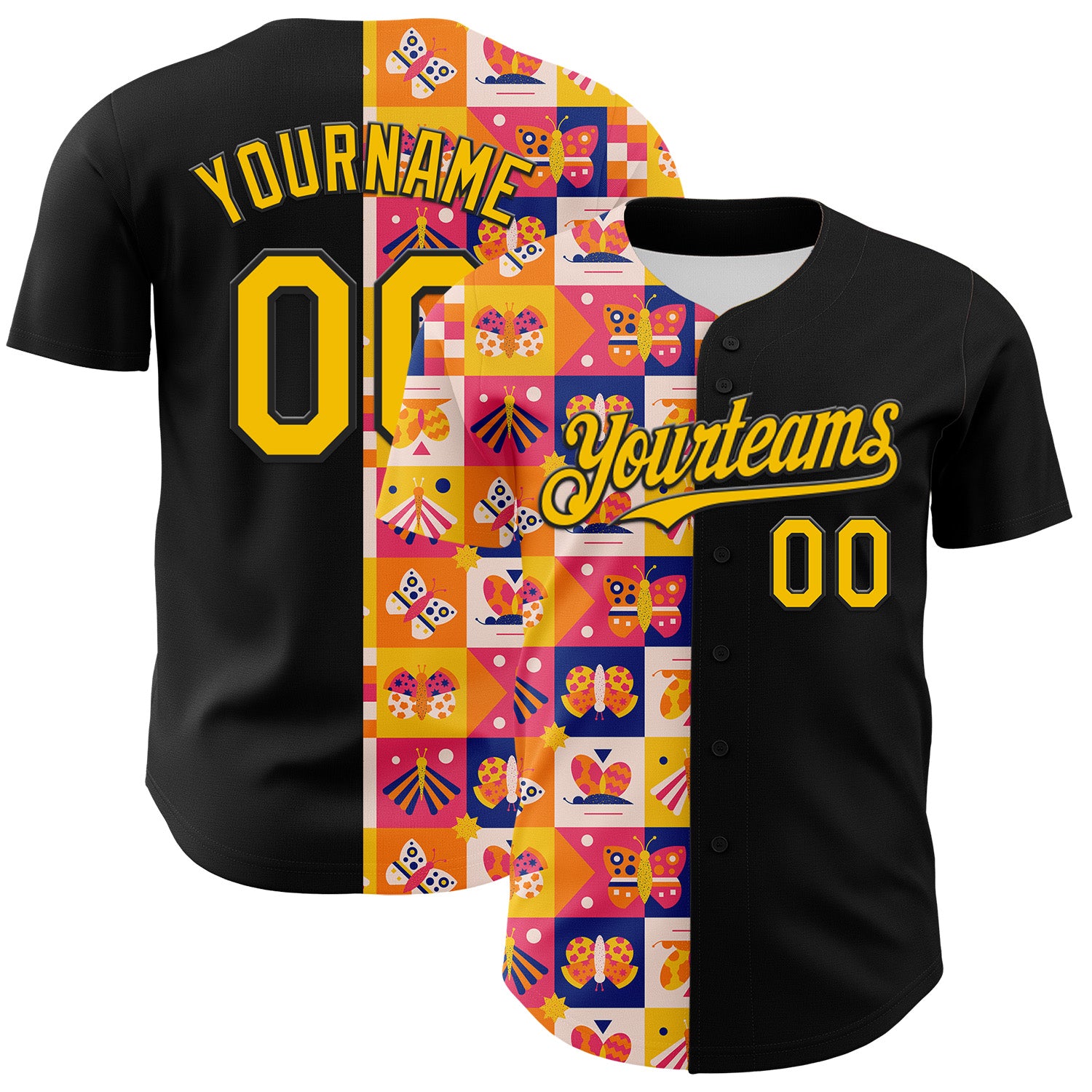 Custom Black Yellow 3D Ambartive Abstract Butterfly Pattern Authentic Baseball Jersey