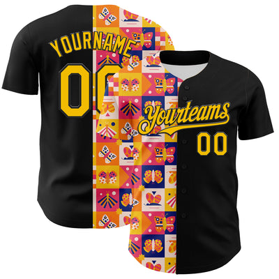 Custom Black Yellow 3D Ambartive Abstract Butterfly Pattern Authentic Baseball Jersey