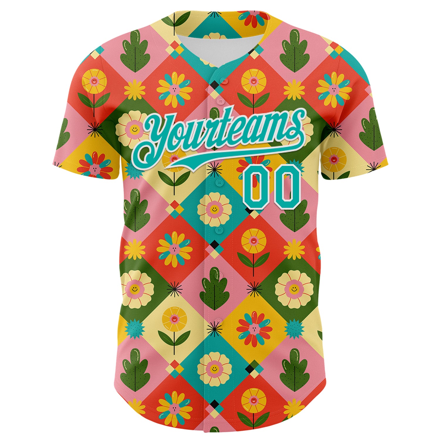 Custom Medium Pink Aqua-White 3D Ambartive Checkered Flower Pattern Authentic Baseball Jersey