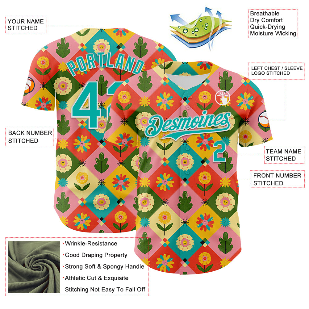 Custom Medium Pink Aqua-White 3D Ambartive Checkered Flower Pattern Authentic Baseball Jersey