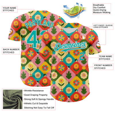 Custom Medium Pink Aqua-White 3D Ambartive Checkered Flower Pattern Authentic Baseball Jersey
