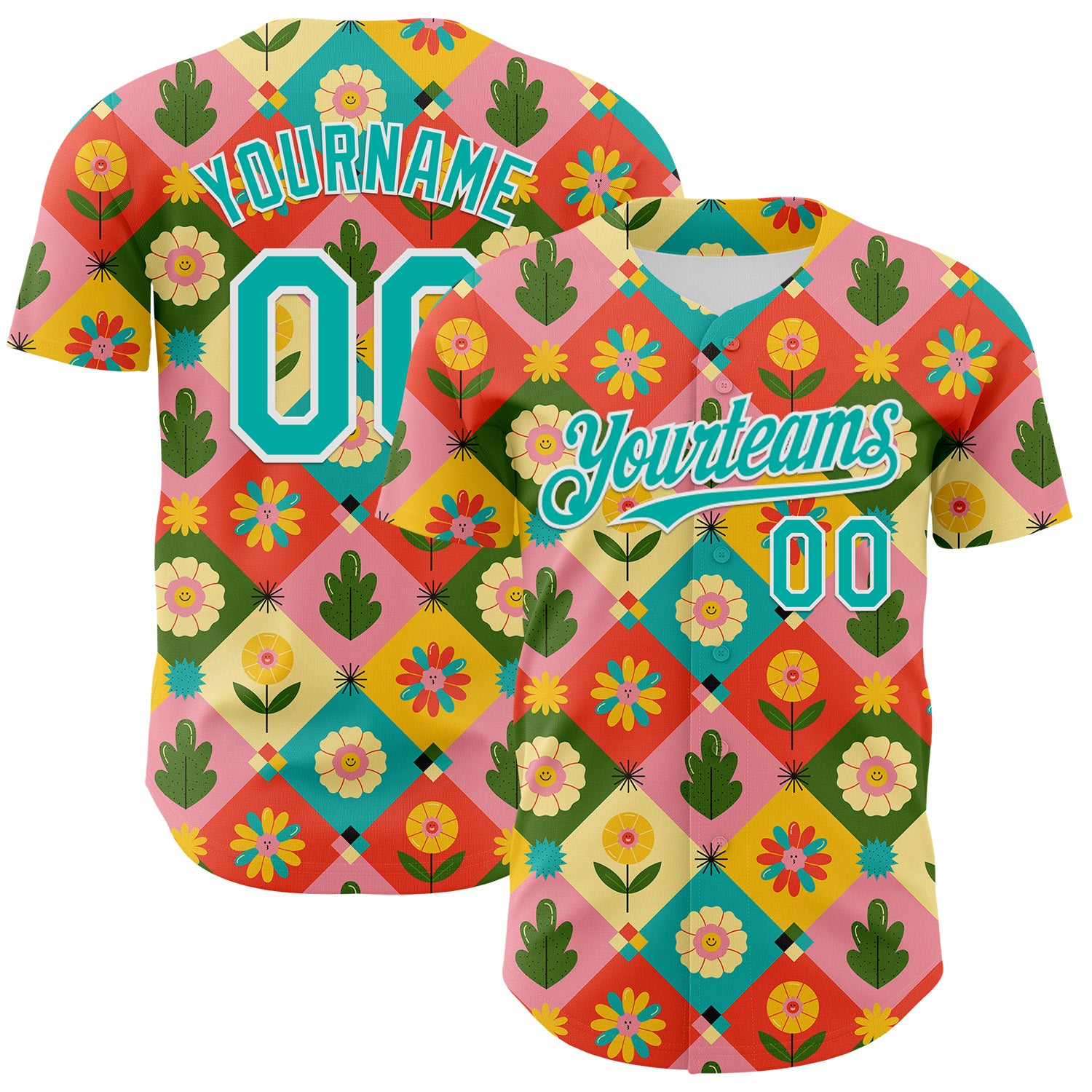 Custom Medium Pink Aqua-White 3D Ambartive Checkered Flower Pattern Authentic Baseball Jersey