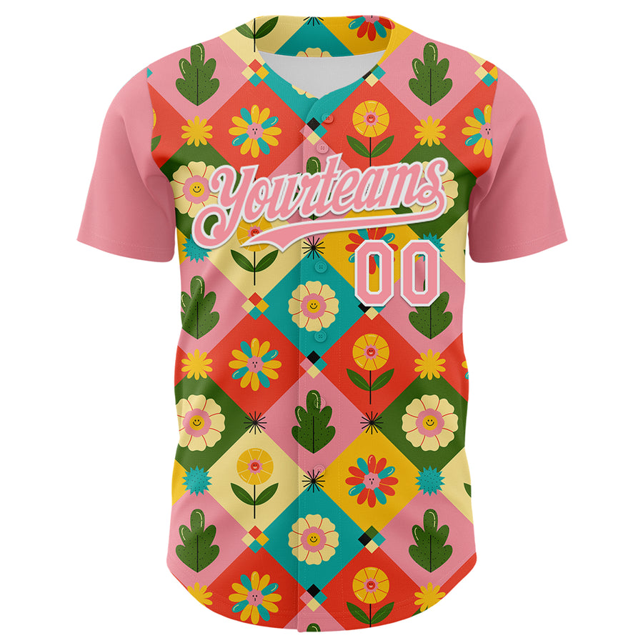 Custom Medium Pink White 3D Ambartive Checkered Flower Pattern Authentic Baseball Jersey