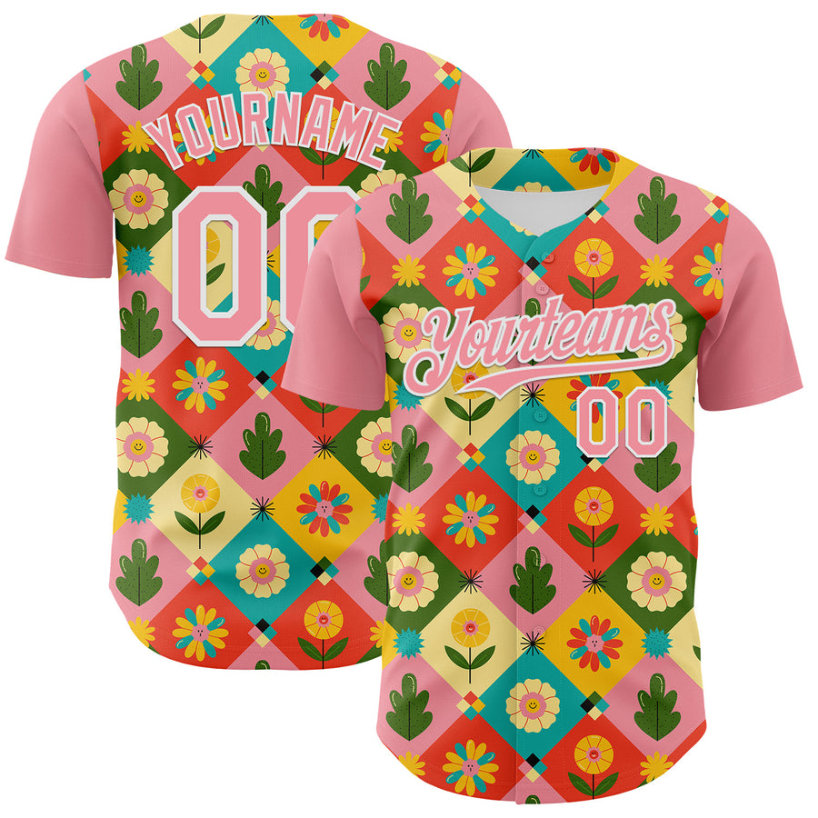 Custom Medium Pink White 3D Ambartive Checkered Flower Pattern Authentic Baseball Jersey