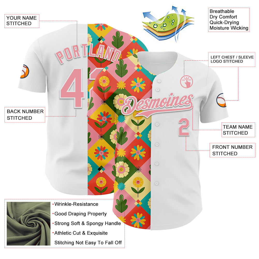Custom White Medium Pink 3D Ambartive Checkered Flower Pattern Authentic Baseball Jersey