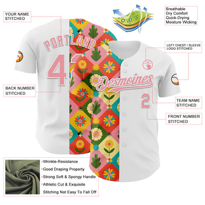 Custom White Medium Pink 3D Ambartive Checkered Flower Pattern Authentic Baseball Jersey