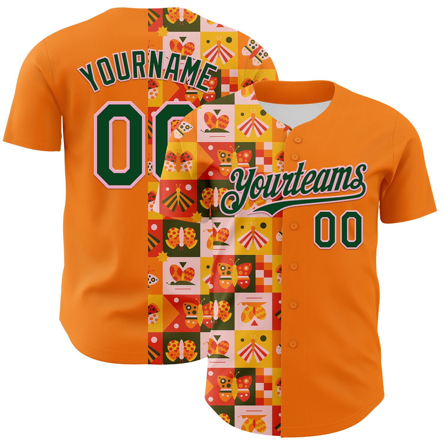Custom Bay Orange Green-Light Pink 3D Ambartive Checkered Butterfly Pattern Authentic Baseball Jersey