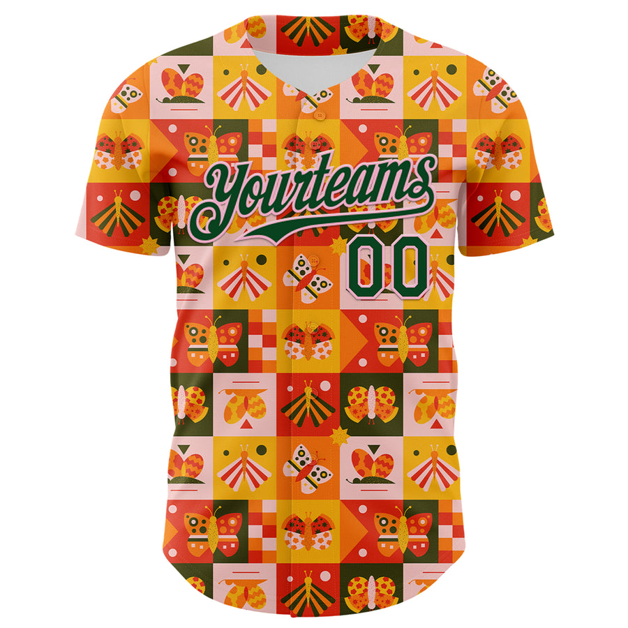 Custom Bay Orange Green-Light Pink 3D Ambartive Checkered Butterfly Pattern Authentic Baseball Jersey