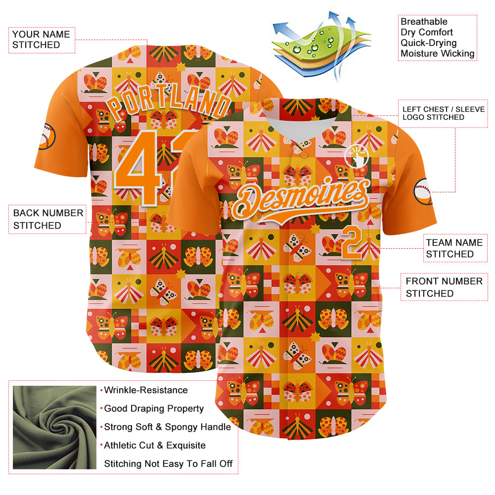 Custom Bay Orange White 3D Ambartive Checkered Butterfly Pattern Authentic Baseball Jersey