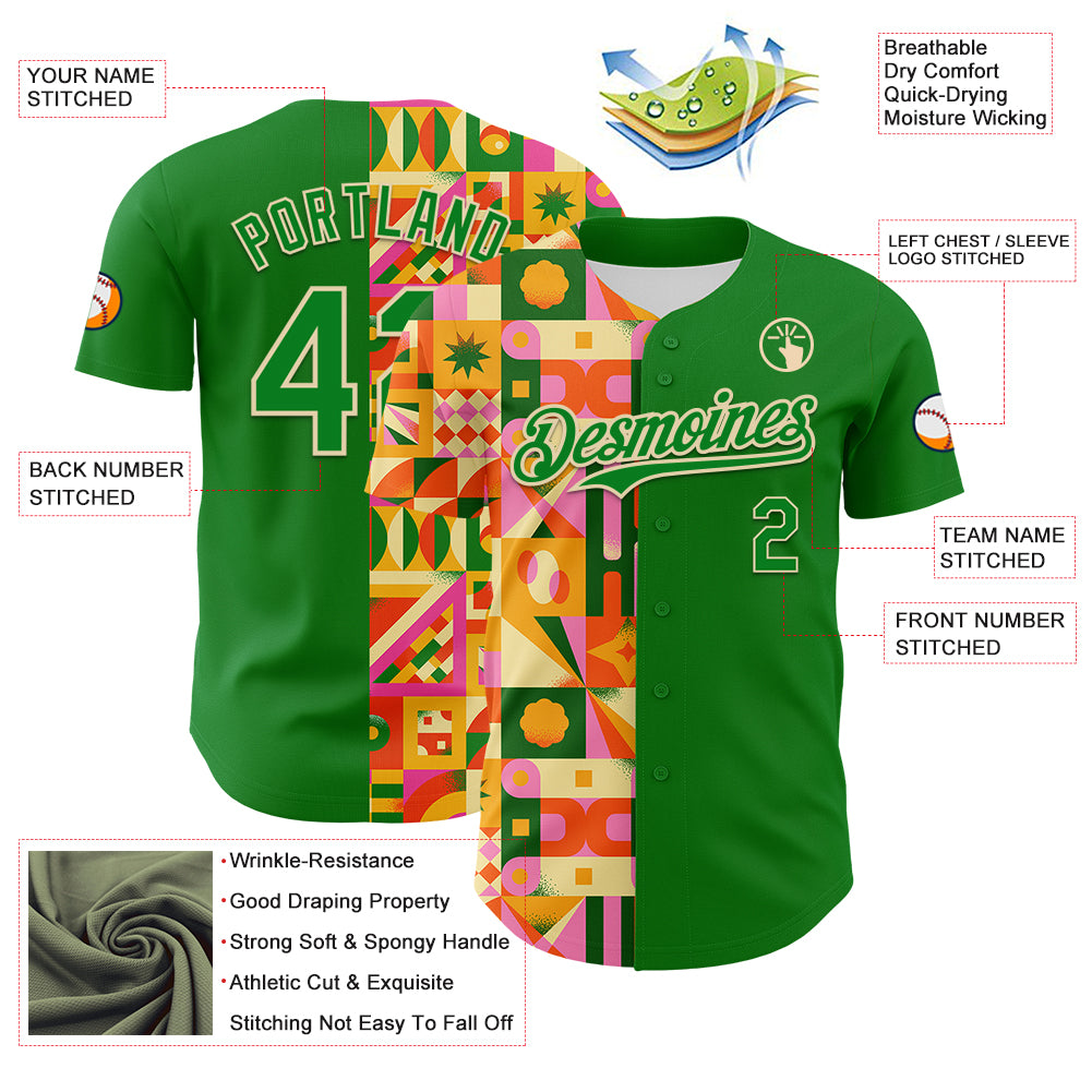 Custom Grass Green Cream 3D Ambartive Abstract Geometric Pattern Authentic Baseball Jersey