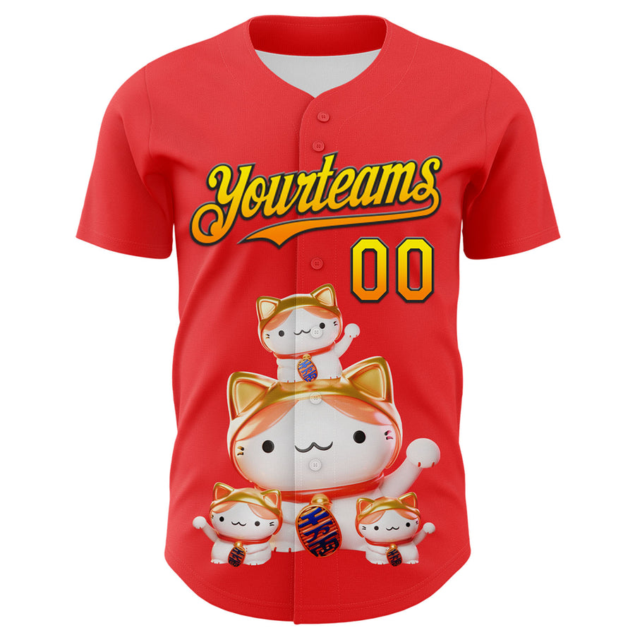 Custom Red Gradient Light Yellow Bay Orange-Black 3D Cindy Suen Lucky Cats Authentic Baseball Jersey