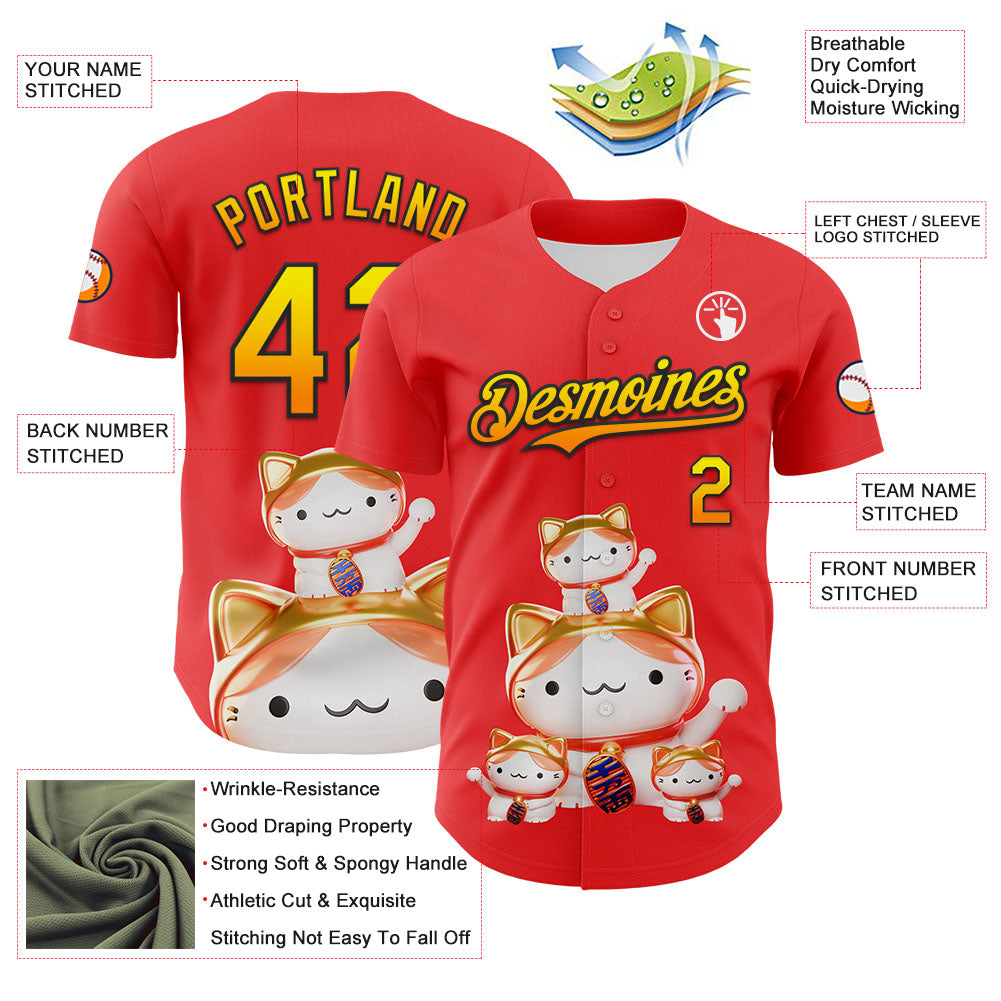 Custom Red Gradient Light Yellow Bay Orange-Black 3D Cindy Suen Lucky Cats Authentic Baseball Jersey