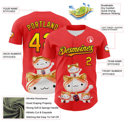 Custom Red Gradient Light Yellow Bay Orange-Black 3D Cindy Suen Lucky Cats Authentic Baseball Jersey