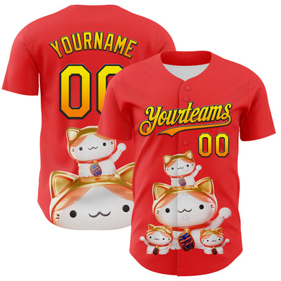 Custom Red Gradient Light Yellow Bay Orange-Black 3D Cindy Suen Lucky Cats Authentic Baseball Jersey
