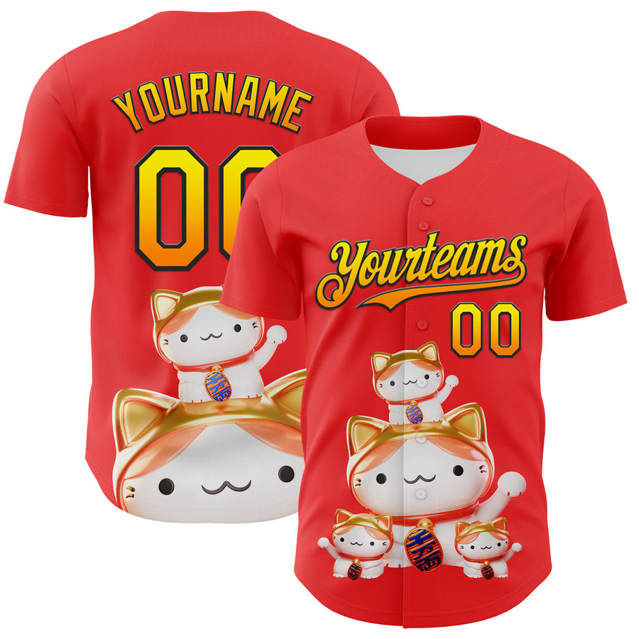Custom Red Gradient Light Yellow Bay Orange-Black 3D Cindy Suen Lucky Cats Authentic Baseball Jersey