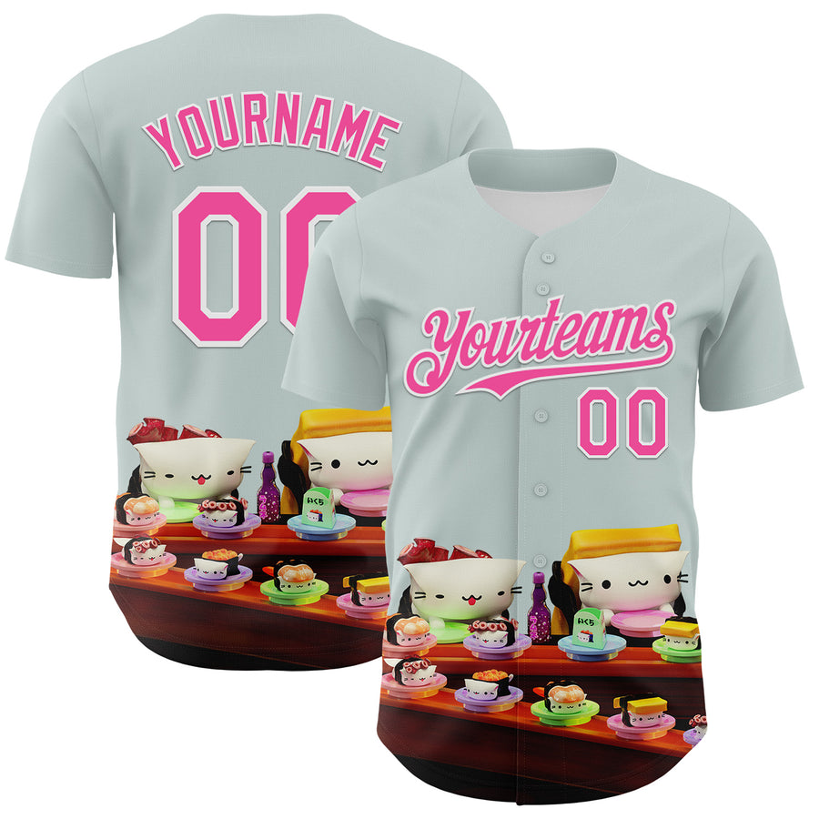 Custom Blue Pink-White 3D Cindy Suen Conveyor Belt Sushi Authentic Baseball Jersey