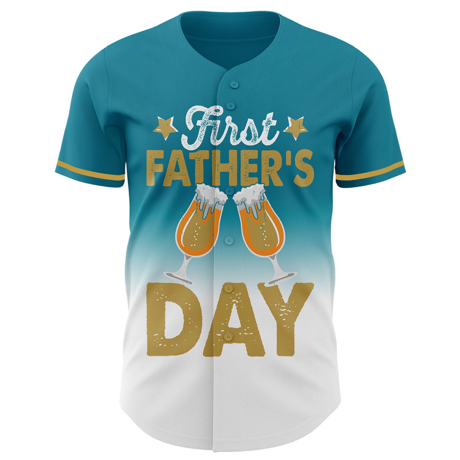 Custom Teal Old Gold-White 3D Pattern Design Father's Day Beer Lover Fade Authentic Baseball Jersey