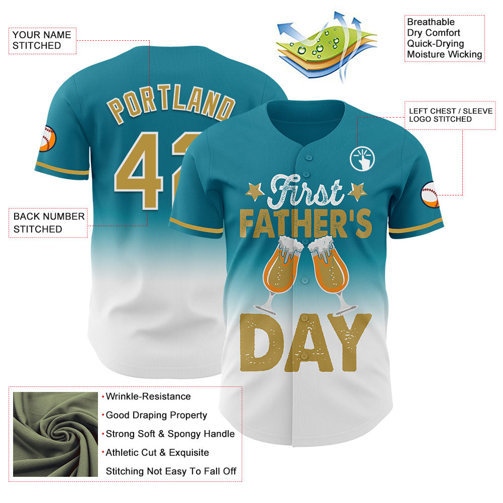 Custom Teal Old Gold-White 3D Pattern Design Father's Day Beer Lover Fade Authentic Baseball Jersey