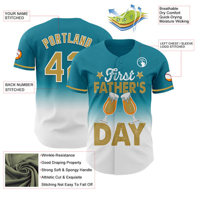 Custom Teal Old Gold-White 3D Pattern Design Father's Day Beer Lover Fade Authentic Baseball Jersey