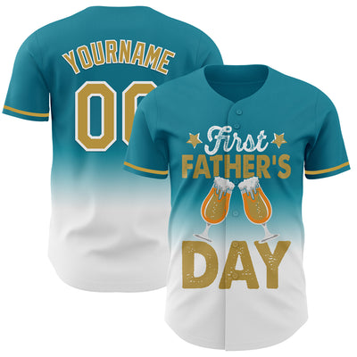 Custom Teal Old Gold-White 3D Pattern Design Father's Day Beer Lover Fade Authentic Baseball Jersey