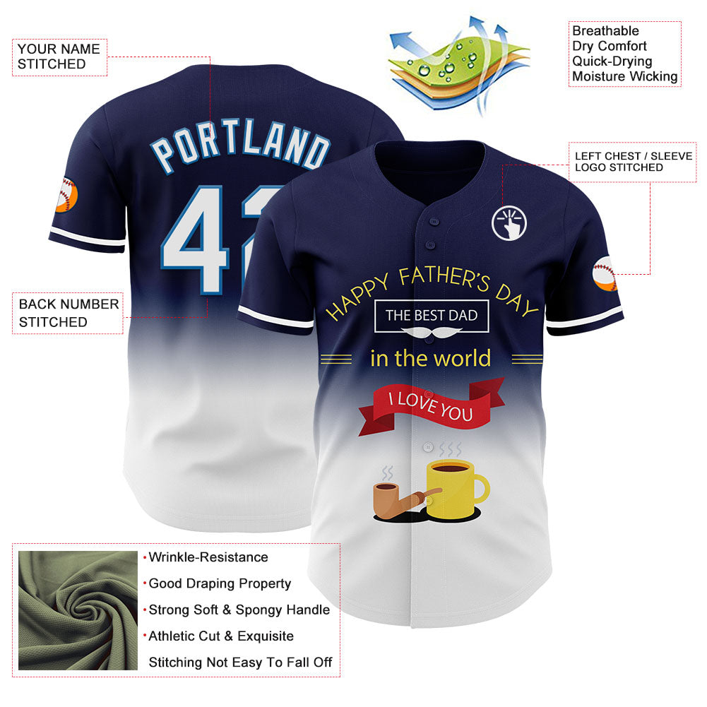 Custom Navy White-Blue 3D Pattern Design Father's Day Fade Authentic Baseball Jersey