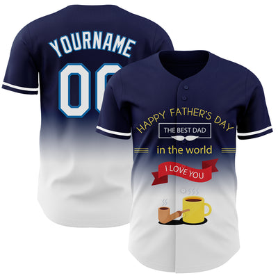 Custom Navy White-Blue 3D Pattern Design Father's Day Fade Authentic Baseball Jersey