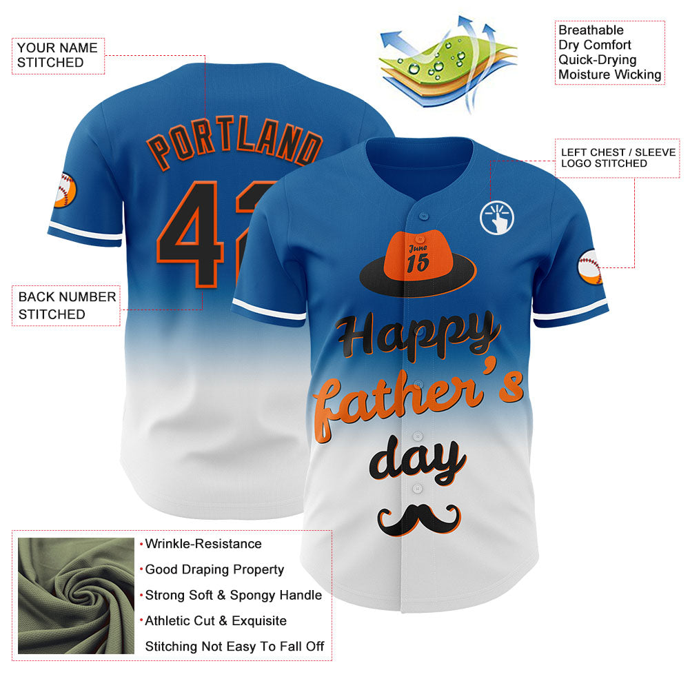 Custom Blue Black-Orange 3D Pattern Design Father's Day Fade Authentic Baseball Jersey