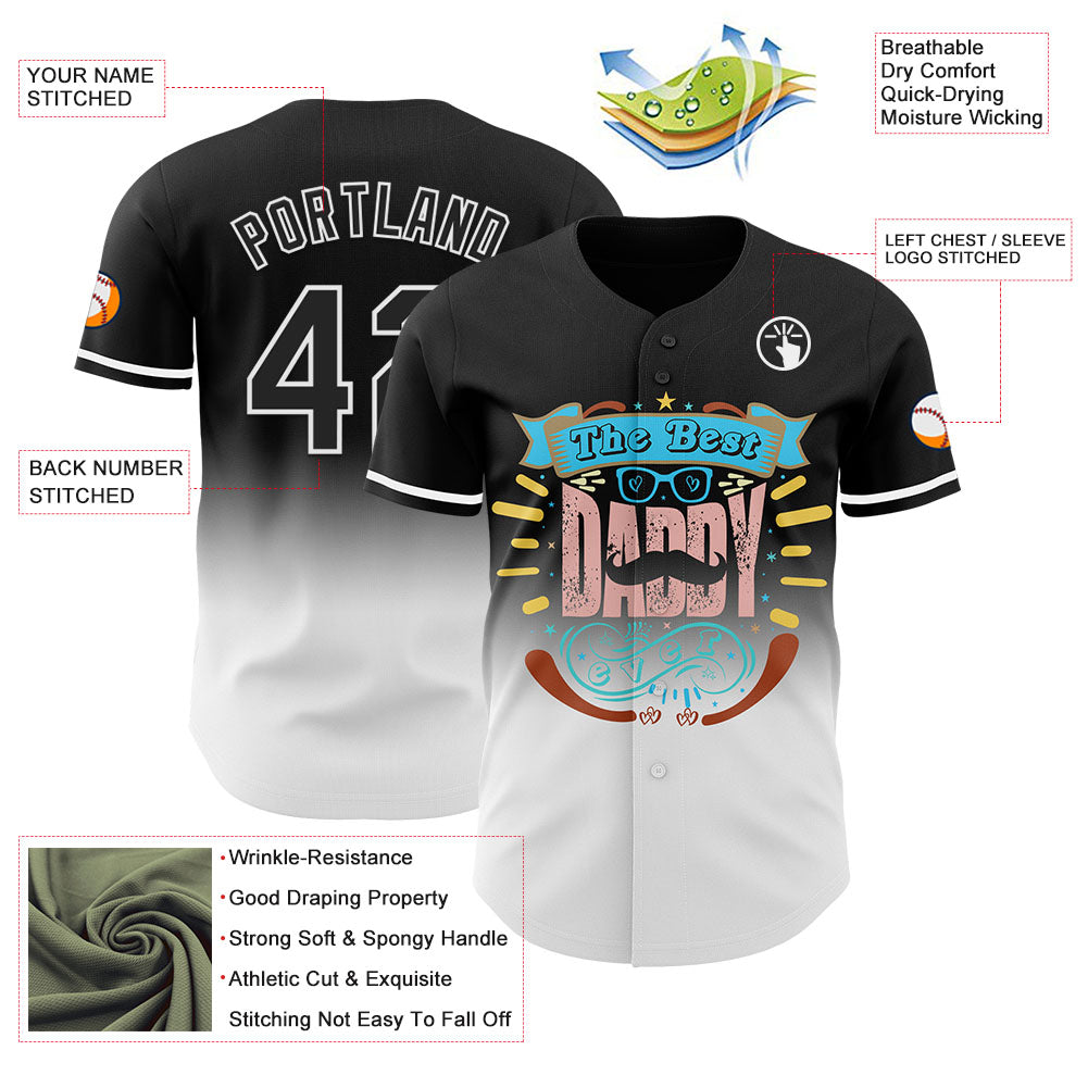 Custom Black White 3D Pattern Design Father's Day Fade Authentic Baseball Jersey