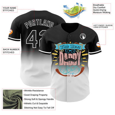 Custom Black White 3D Pattern Design Father's Day Fade Authentic Baseball Jersey