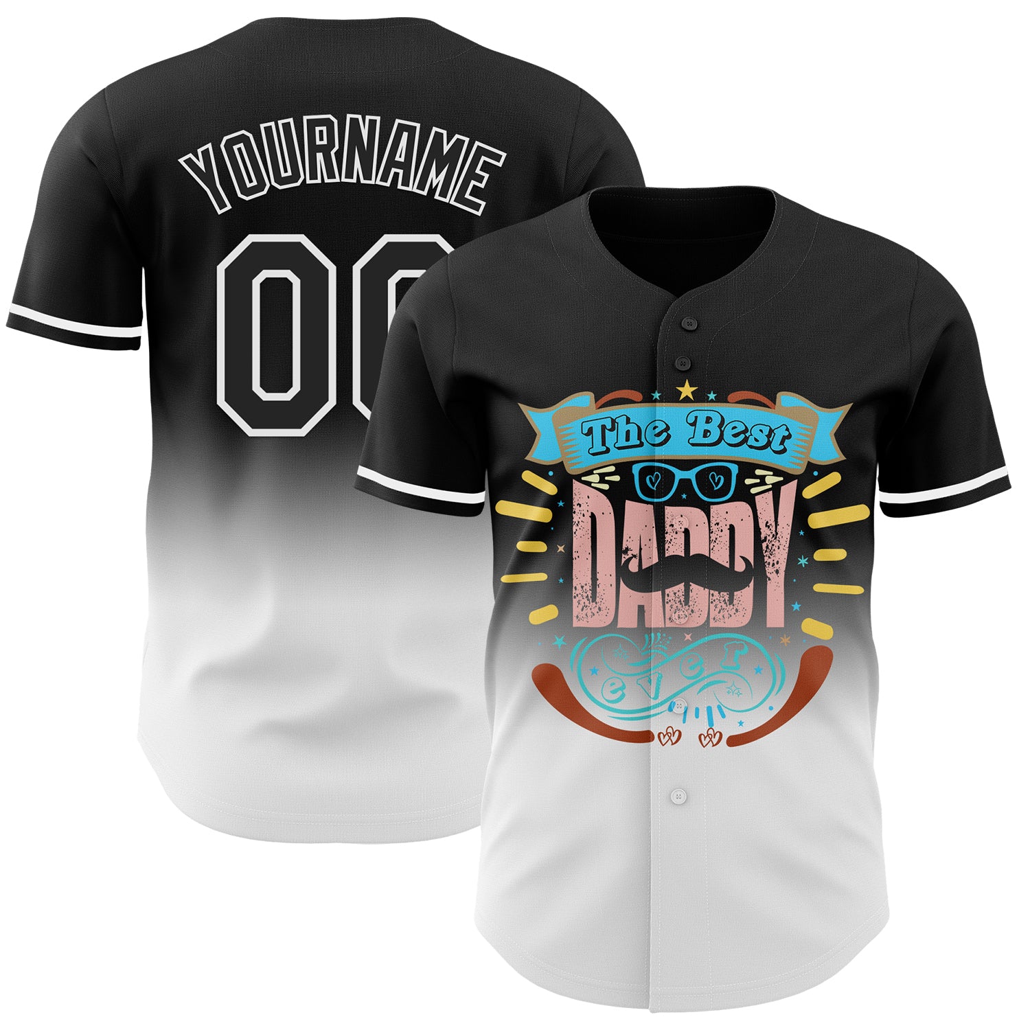 Custom Black White 3D Pattern Design Father's Day Fade Authentic Baseball Jersey