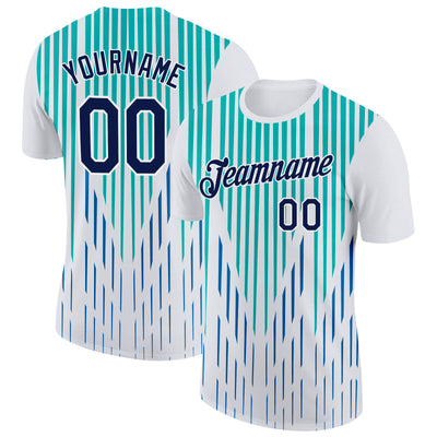 Custom White Navy Blue-Aqua 3D Esports Performance T-Shirt