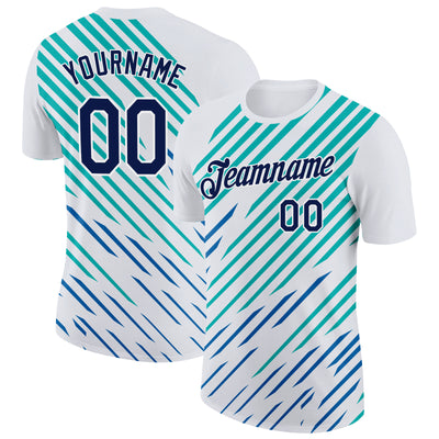 Custom White Navy Blue-Aqua 3D Esports Performance T-Shirt