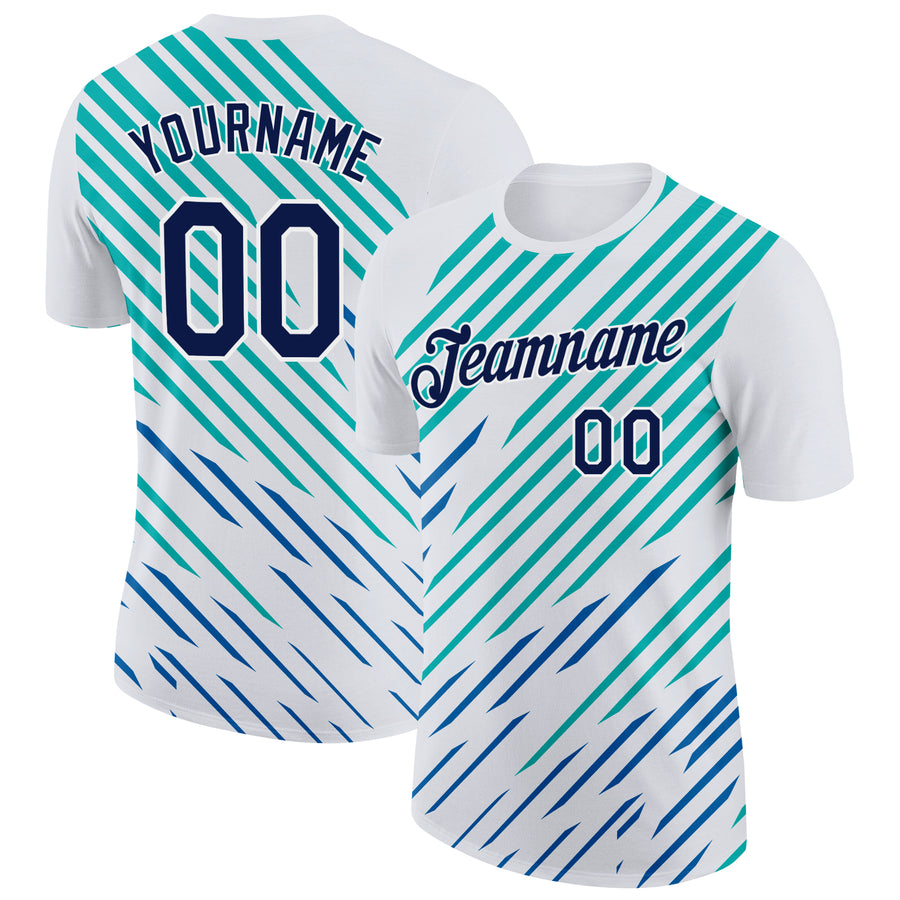 Custom White Navy Blue-Aqua 3D Esports Performance T-Shirt