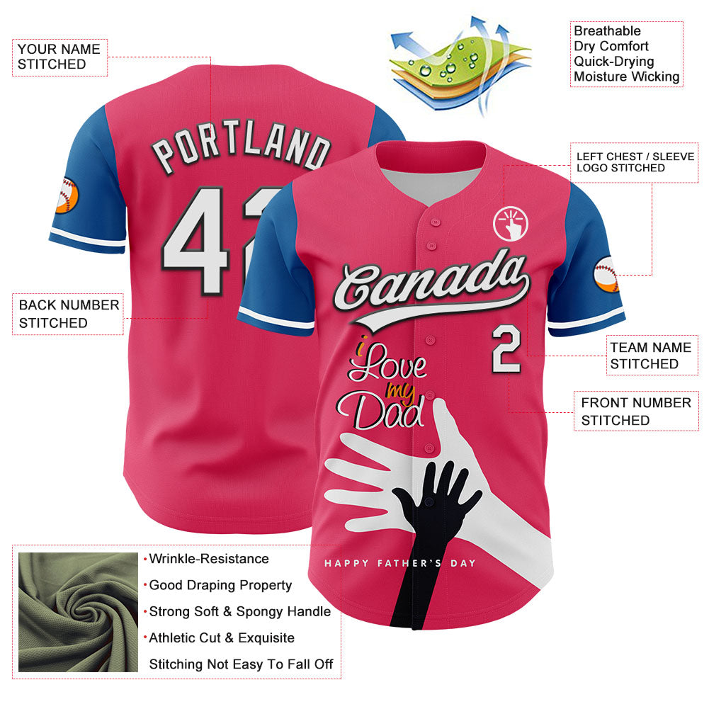 Custom Neon Pink White-Blue 3D Pattern Design Father's Day Family Love Authentic Baseball Jersey