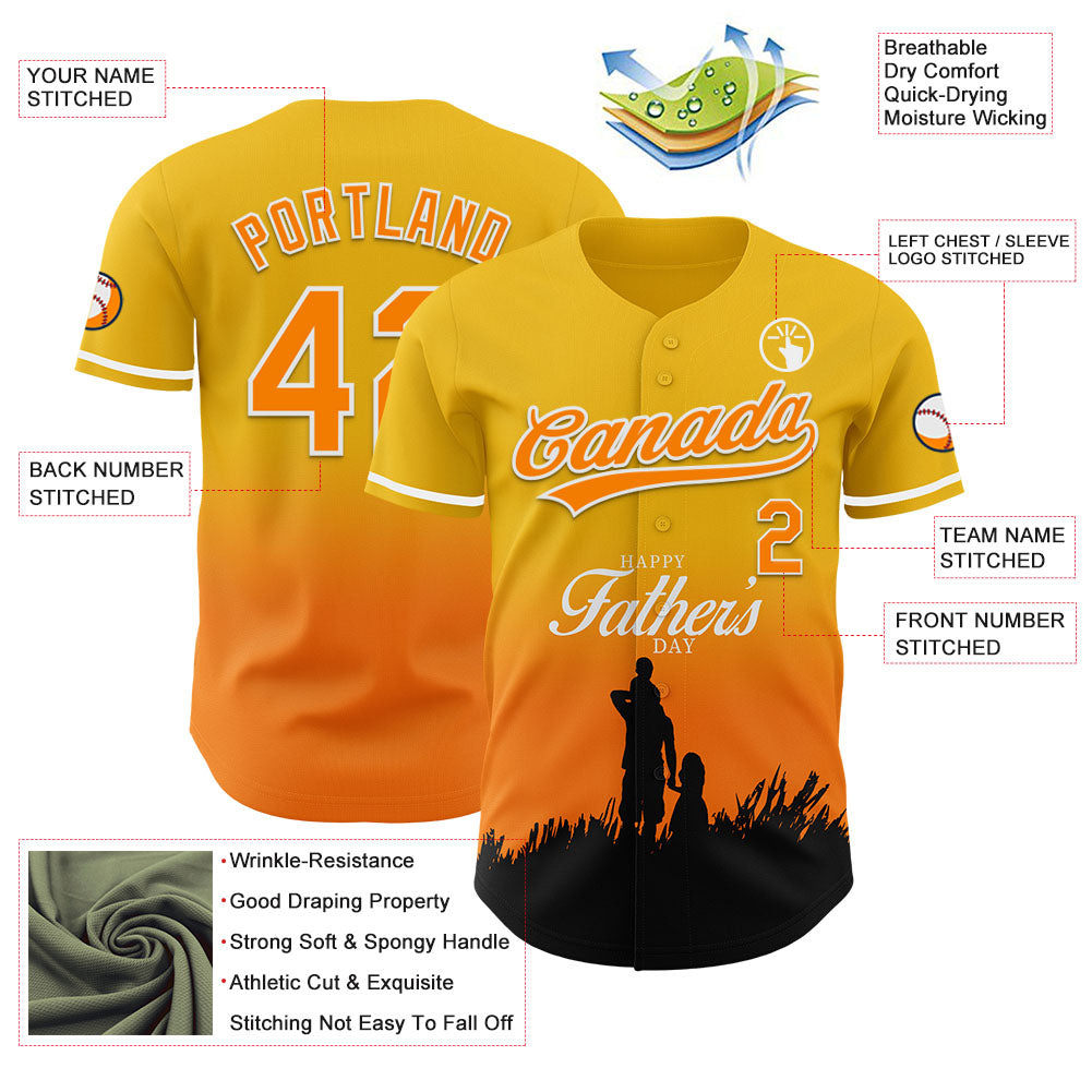 Custom Yellow Bay Orange-White 3D Pattern Design Father's Day Family Love Fade Authentic Baseball Jersey