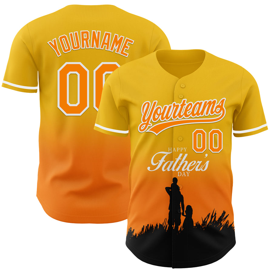 Custom Yellow Bay Orange-White 3D Pattern Design Father's Day Family Love Fade Authentic Baseball Jersey