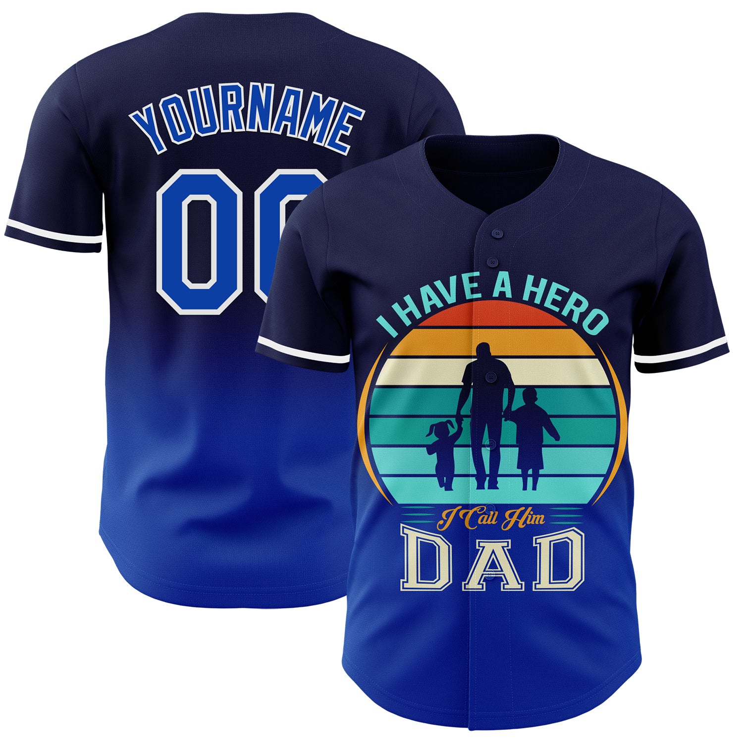 Custom Navy Thunder Blue-White 3D Pattern Design Father's Day Family Love Fade Authentic Baseball Jersey