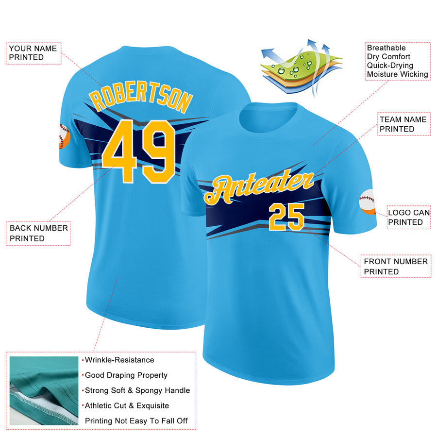 Custom Sky Blue Gold Navy-Gray 3D Esports Performance T-Shirt