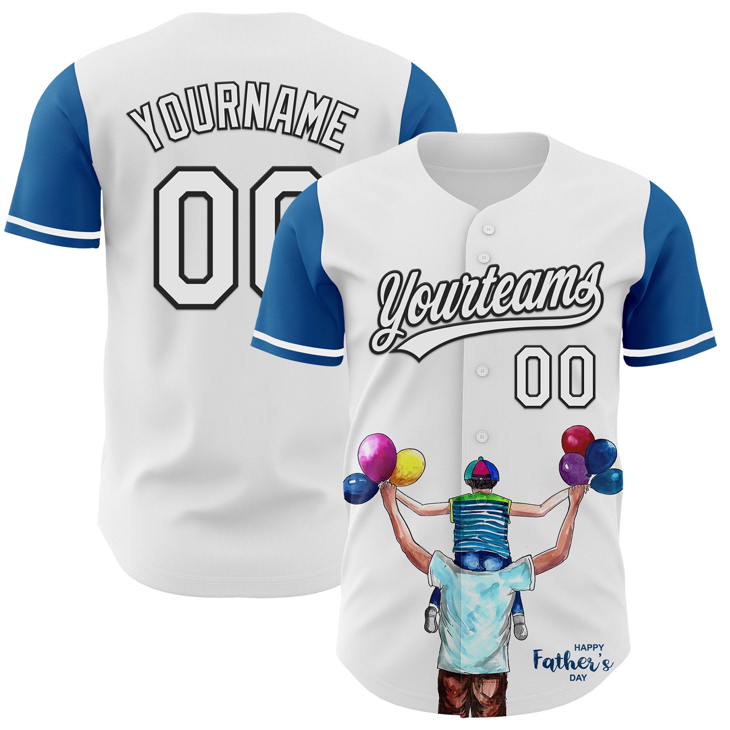 Custom White Thunder Blue-Black 3D Pattern Design Father's Day Family Love Authentic Baseball Jersey