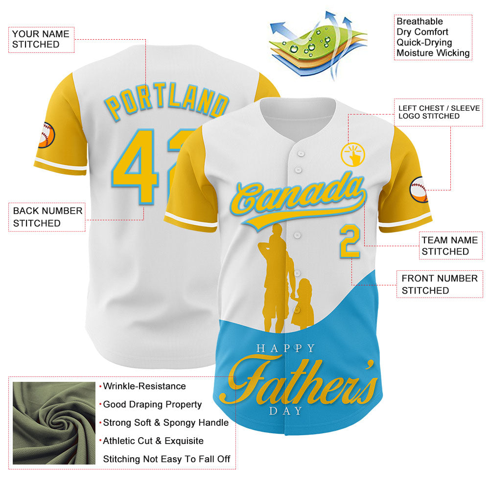 Custom White Yellow-Sky Blue 3D Pattern Design Father's Day Family Love Authentic Baseball Jersey