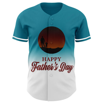 Custom Teal White-Electric Blue 3D Pattern Design Father's Day Family Love Fade Authentic Baseball Jersey