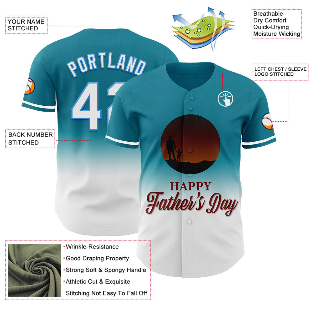 Custom Teal White-Electric Blue 3D Pattern Design Father's Day Family Love Fade Authentic Baseball Jersey
