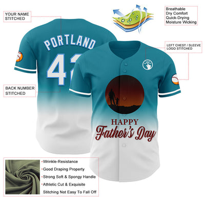 Custom Teal White-Electric Blue 3D Pattern Design Father's Day Family Love Fade Authentic Baseball Jersey
