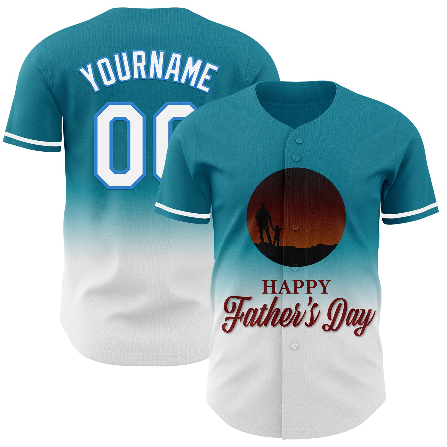 Custom Teal White-Electric Blue 3D Pattern Design Father's Day Family Love Fade Authentic Baseball Jersey
